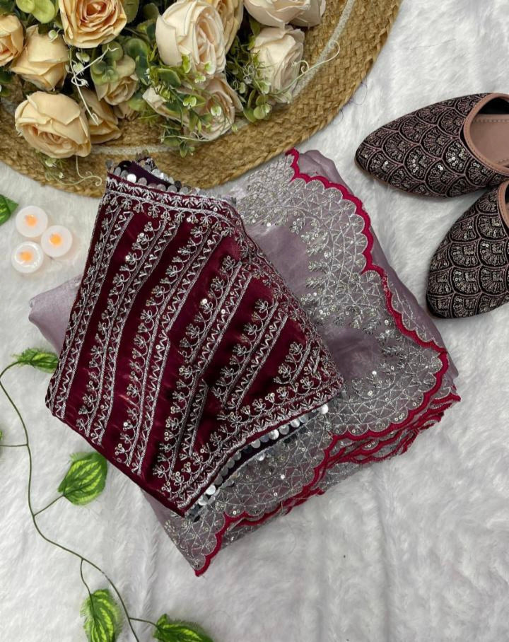 Party Wear Jimmy Choo Satin Sequence Zari Saree