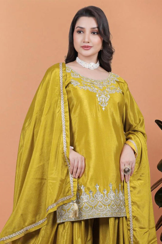 3 PIECE FANCY KURTI WITH FLAIRED PLAZZO AND DUPATTA.