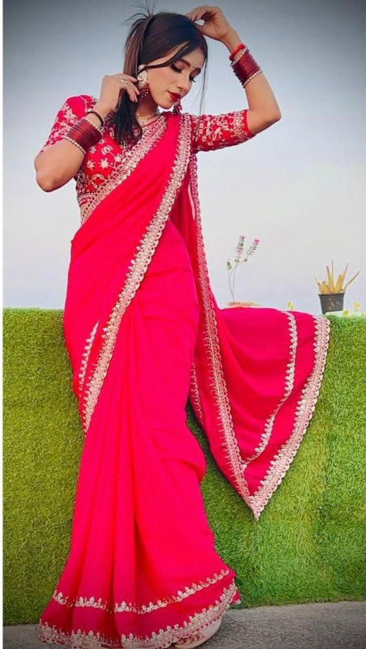 Fancy work saree with stitch blouse