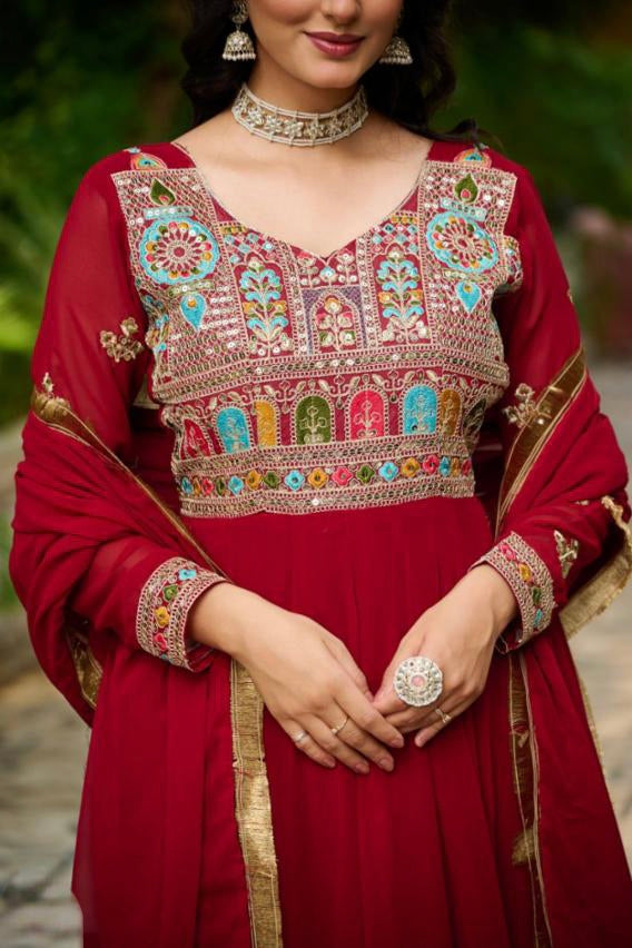 embroidered work long gown with dupatta