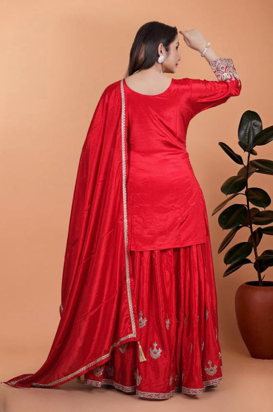 3 PIECE FANCY KURTI WITH FLAIRED PLAZZO AND DUPATTA