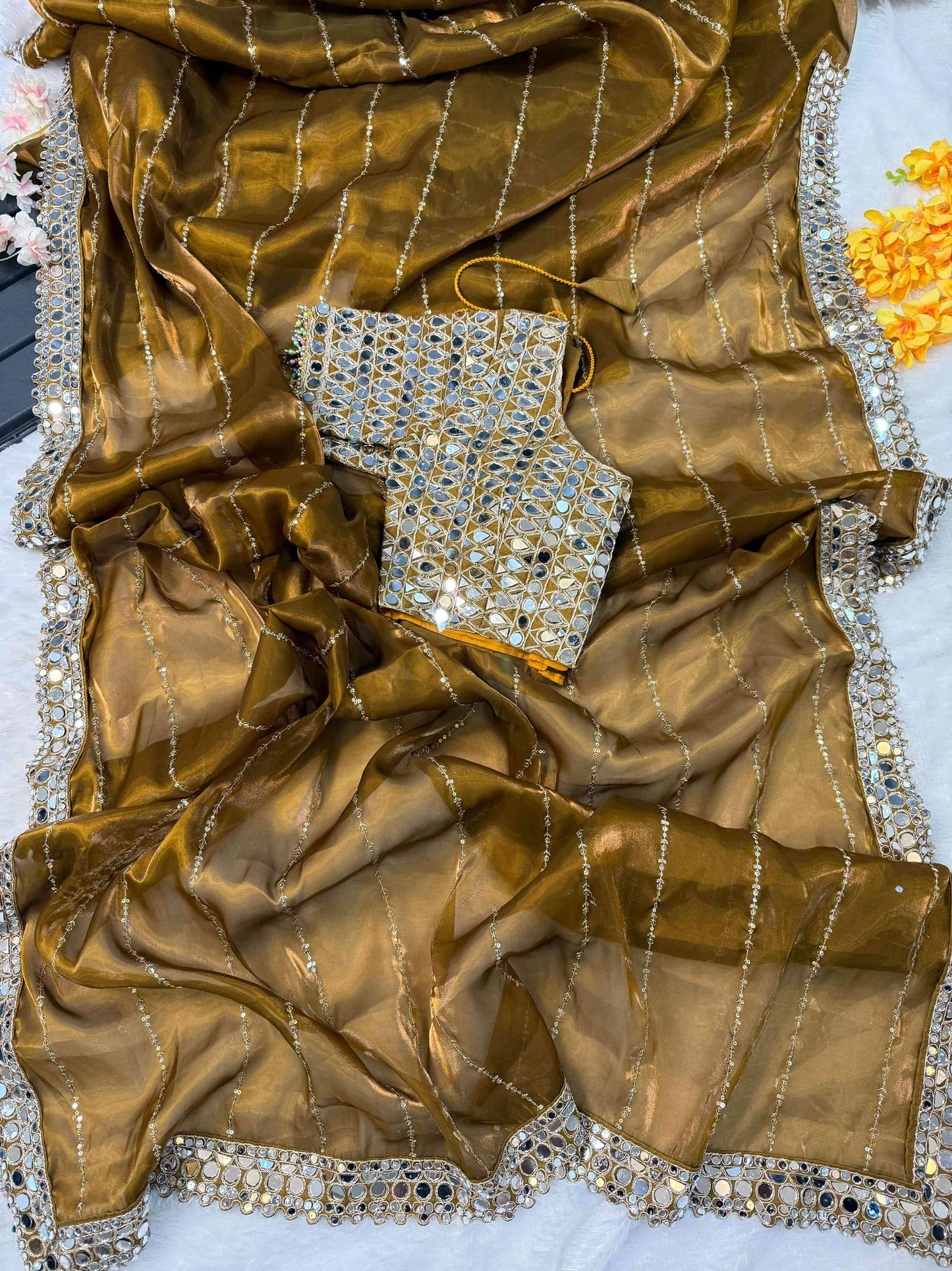 New mirror work saree organza jimmy choo with (blouse stitch)