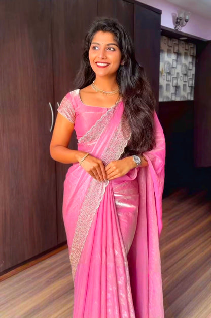 Premium Fandy Satin saree pure hand diamond work