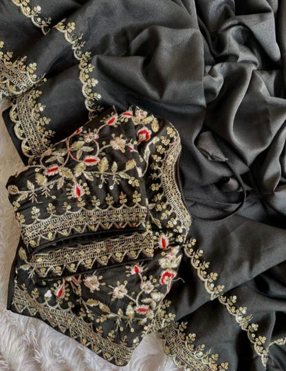 Fancy work saree with stitch blouse