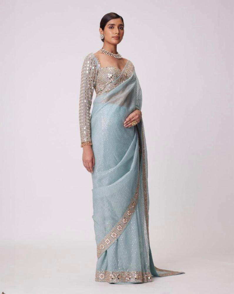 Pure Georgette Real Mirror Work Saree