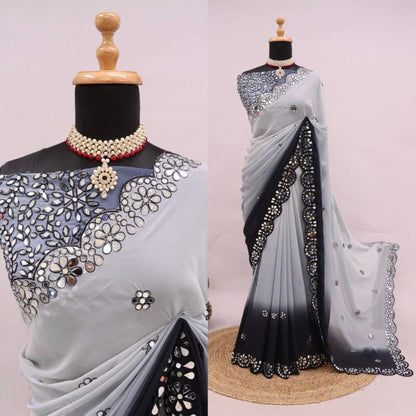 Pure Georgette Mirror Work Saree