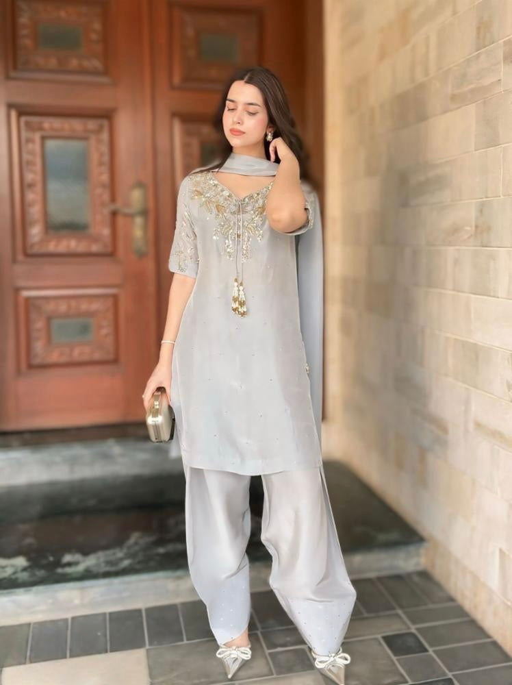 Pur Natural Crepe With Beads Hand Work suit