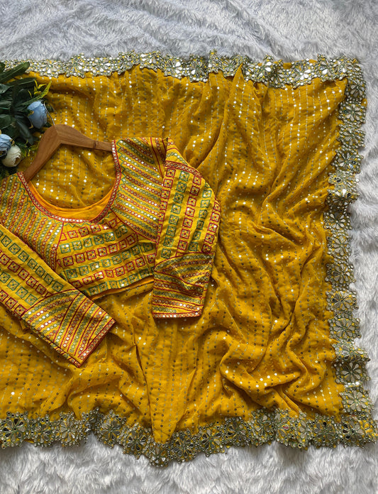 soft fabric original mirror work hand work saree