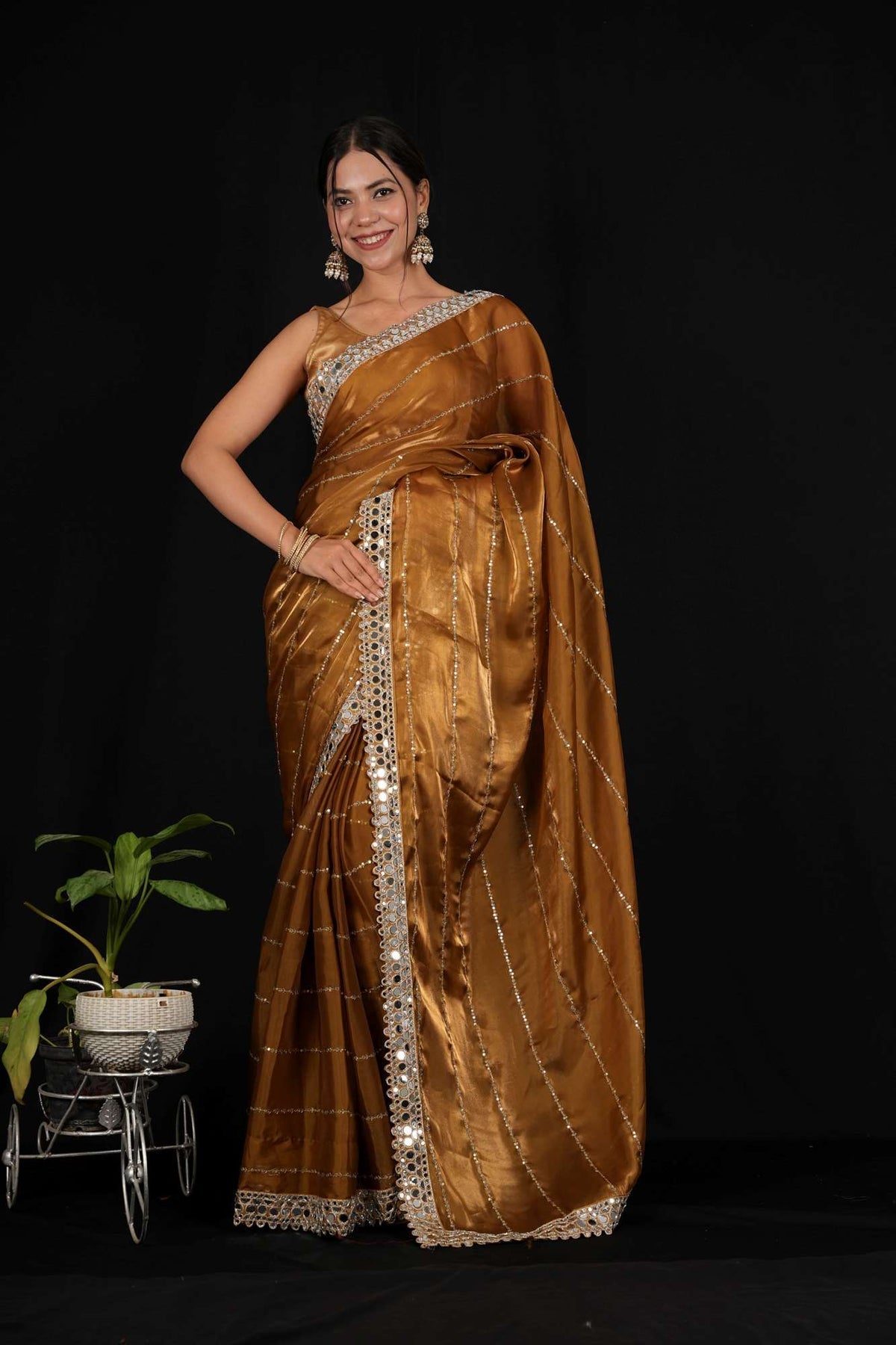New mirror work saree organza jimmy choo with (blouse stitch)