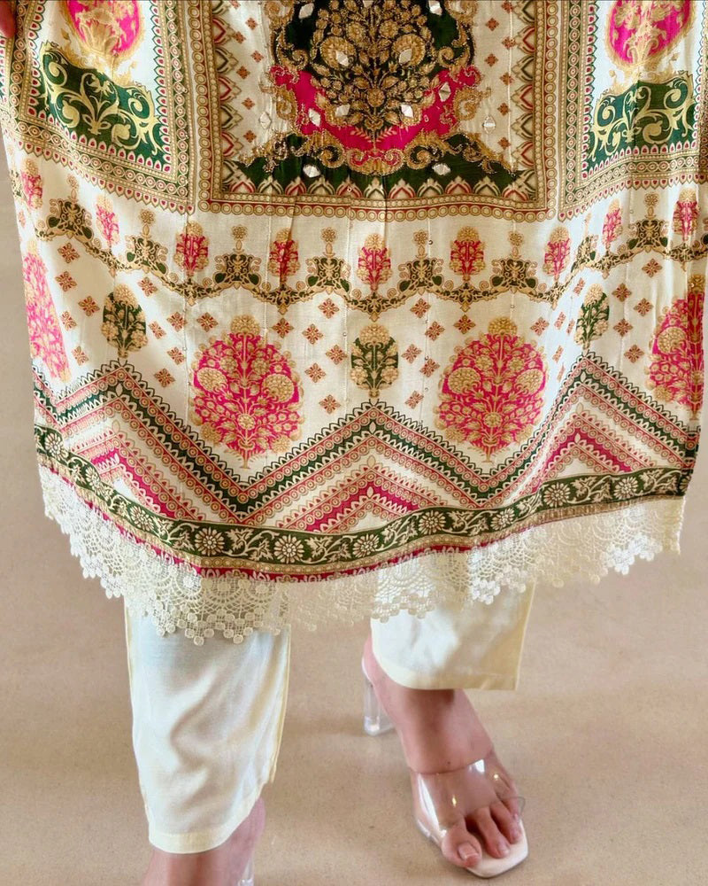 Muslin Banana Silk Suit Set with Handcrafted Embroidery and Digital Prints