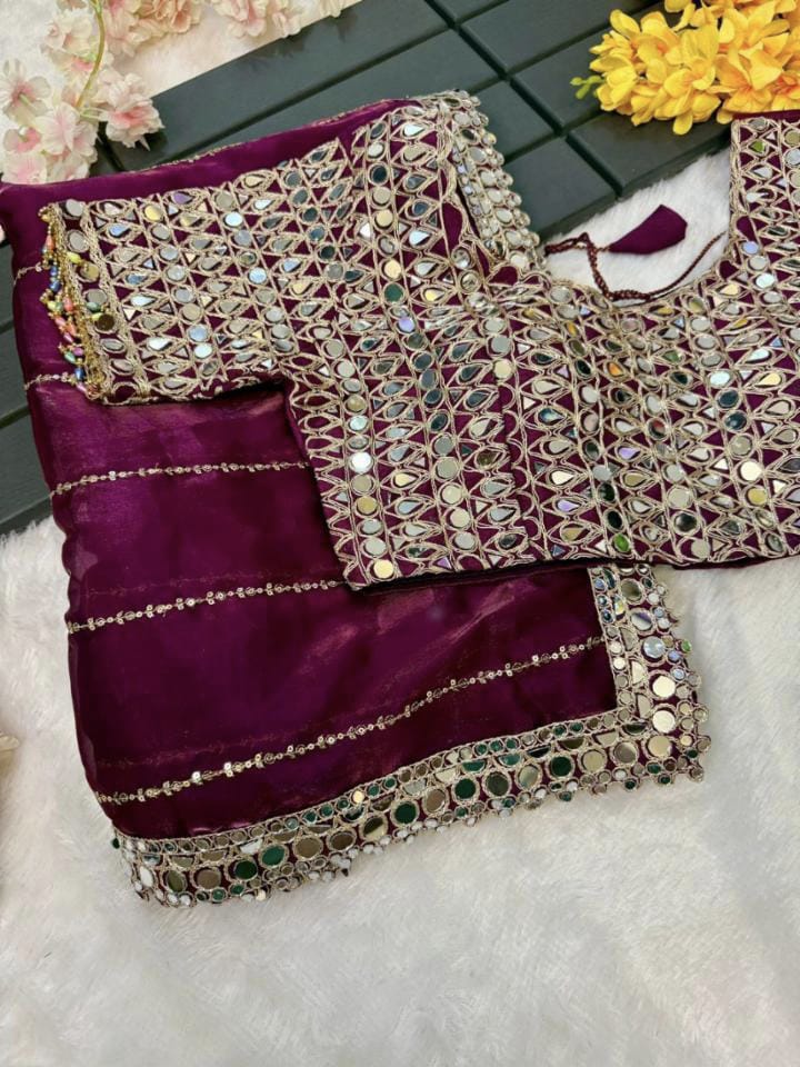 New mirror work saree organza jimmy choo with (blouse stitch)