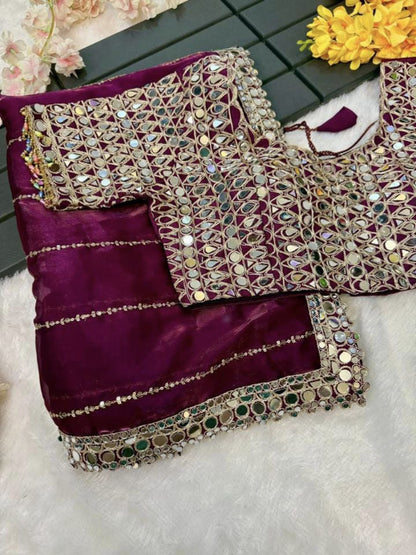 New mirror work saree organza jimmy choo with (blouse stitch)