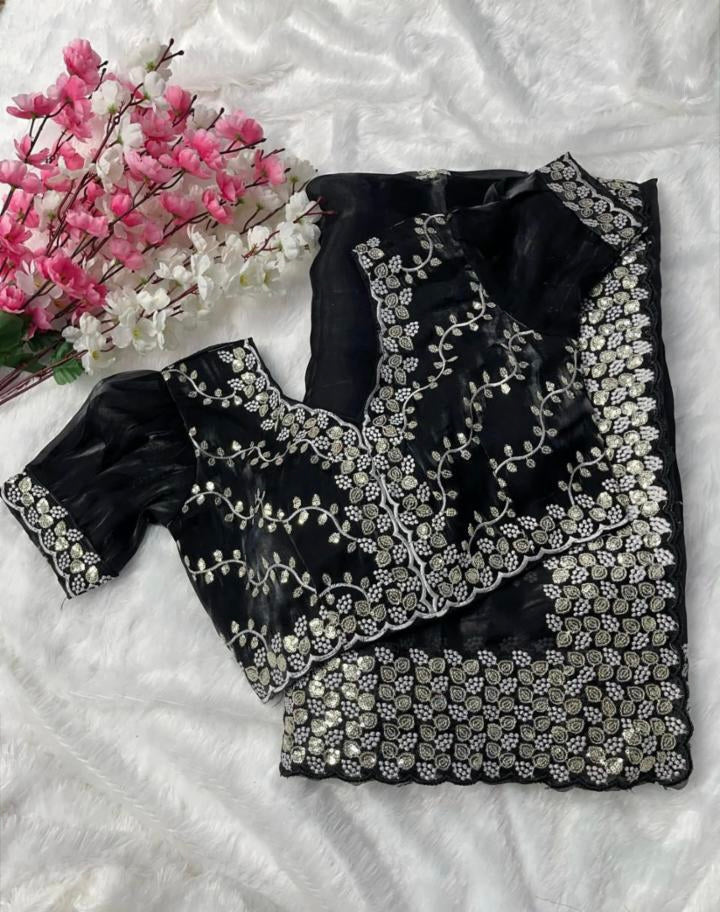 Pure Zimmy Choo Satin Saree with blouse stitch