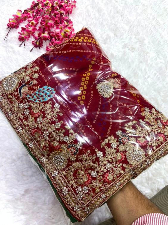 Georgette Pedding Bandhej Embroidery Work Saree