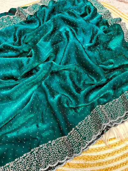 Premium Fandy Satin saree pure hand diamond work
