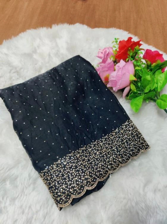 Premium Fandy Satin saree pure hand diamond work