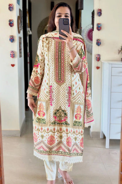 Muslin Banana Silk Suit Set with Handcrafted Embroidery and Digital Prints