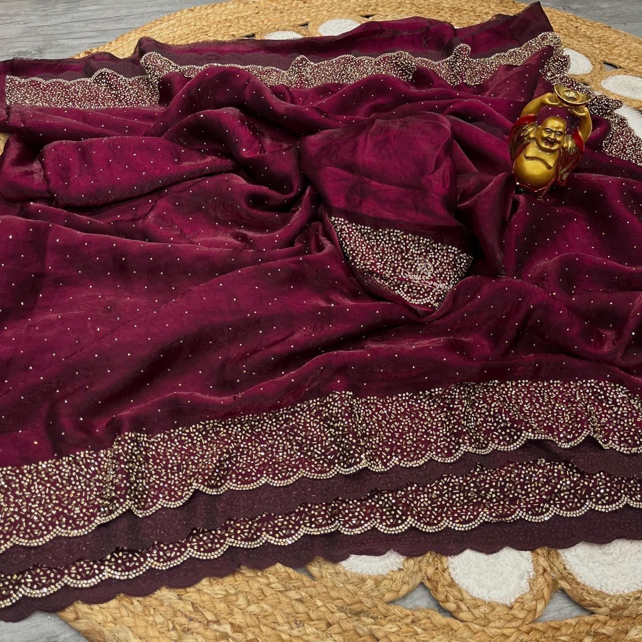 Premium Fandy Satin saree pure hand diamond work