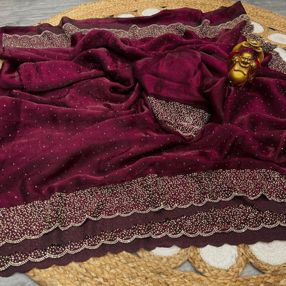 Premium Fandy Satin saree pure hand diamond work