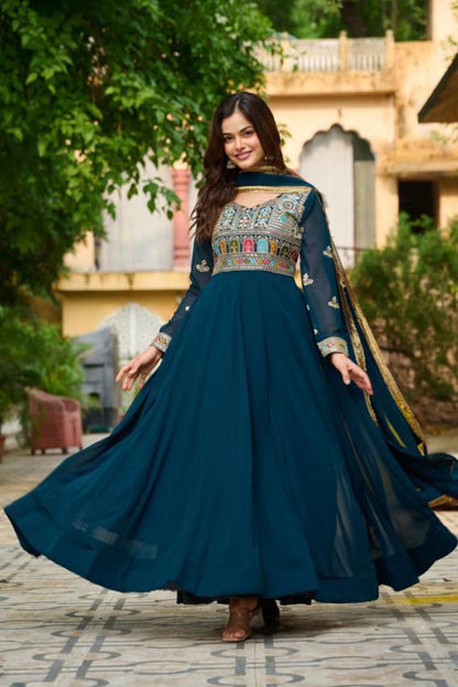 embroidered work long gown with dupatta.