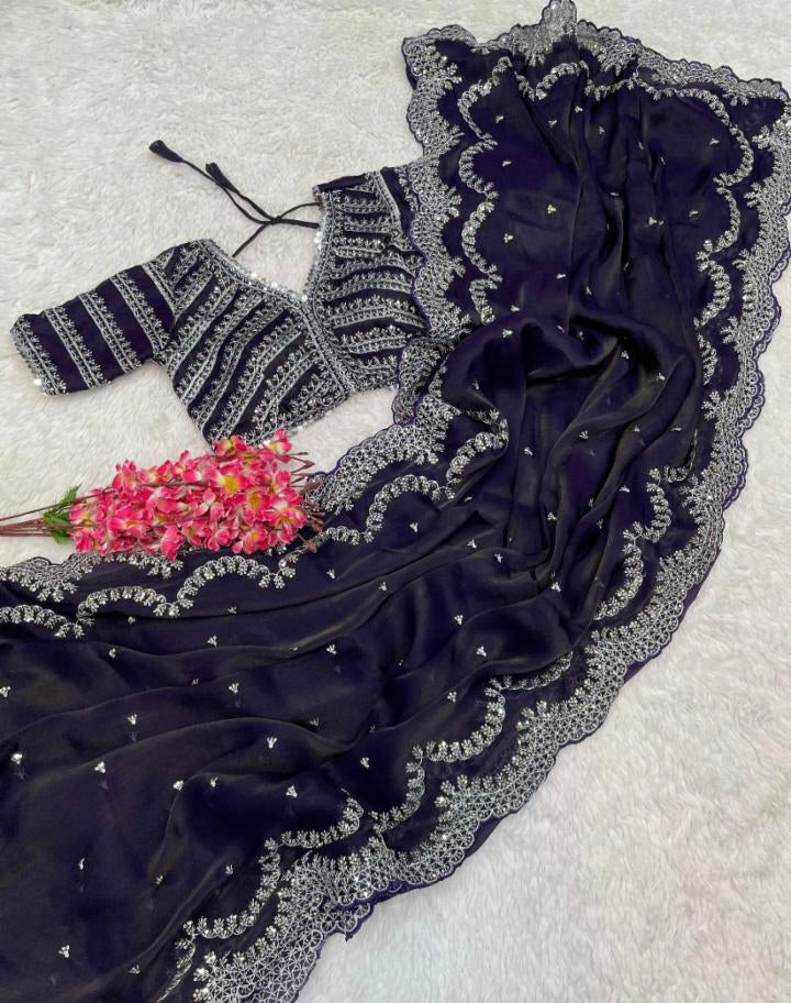 Party Wear Jimmy Choo Satin Sequence Zari Saree