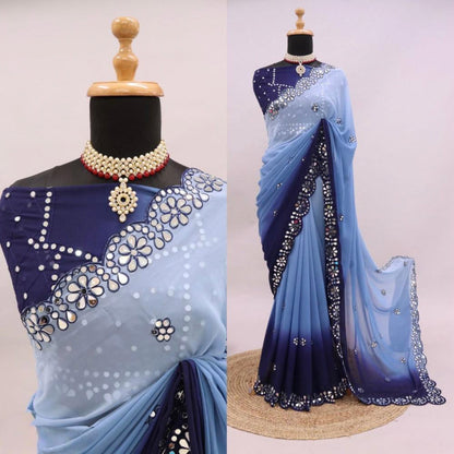 Pure Georgette Mirror Work Saree