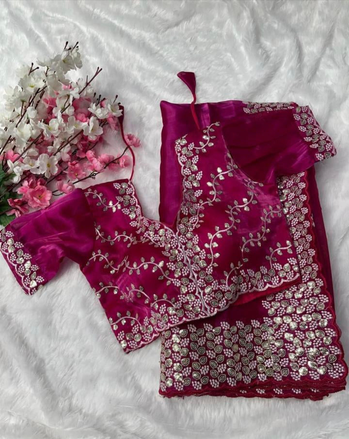 Pure Zimmy Choo Satin Saree with blouse stitch