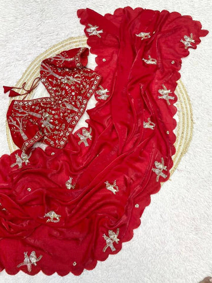 PURE SOFT FANDY SATTIN SILK  HAND WORK SAREE