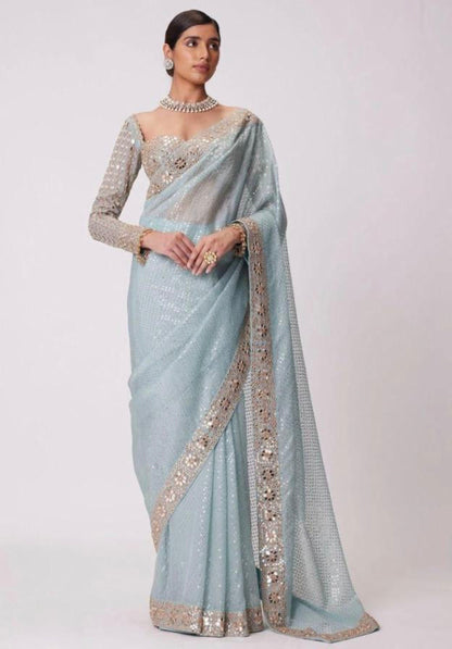 Pure Georgette Real Mirror Work Saree