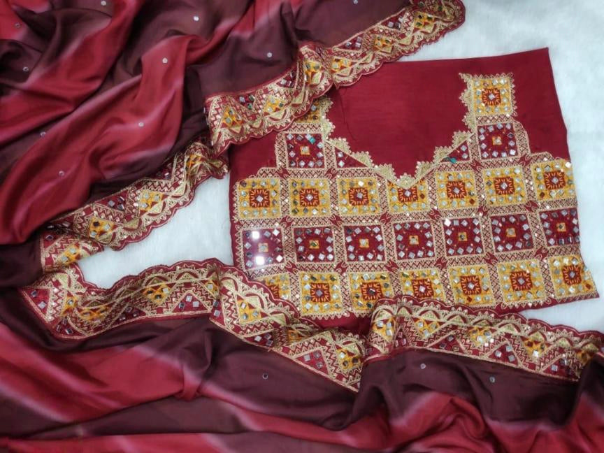 Chinon fancy mirror work saree