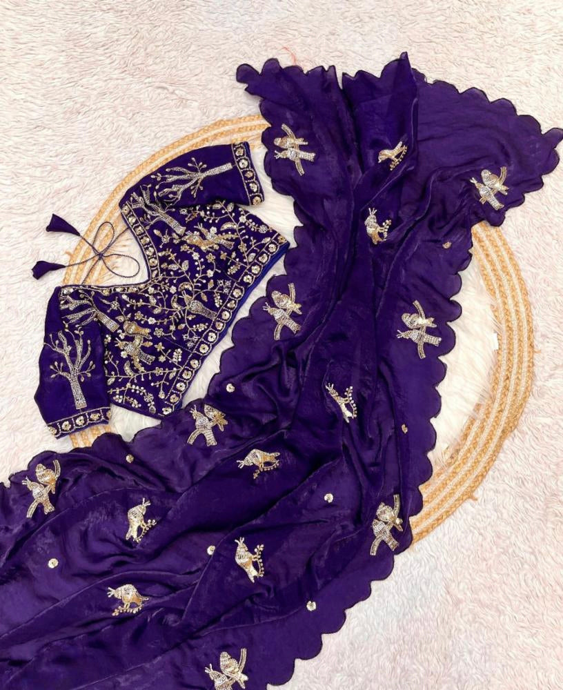 PURE SOFT FANDY SATTIN SILK  HAND WORK SAREE