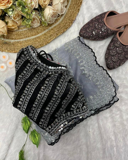 Party Wear Jimmy Choo Satin Sequence Zari Saree