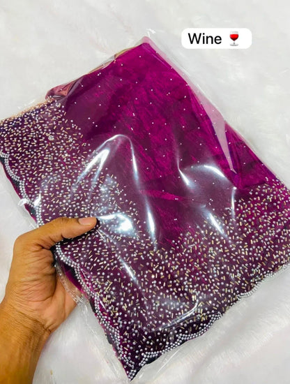 Premium Fandy Satin saree pure hand diamond work