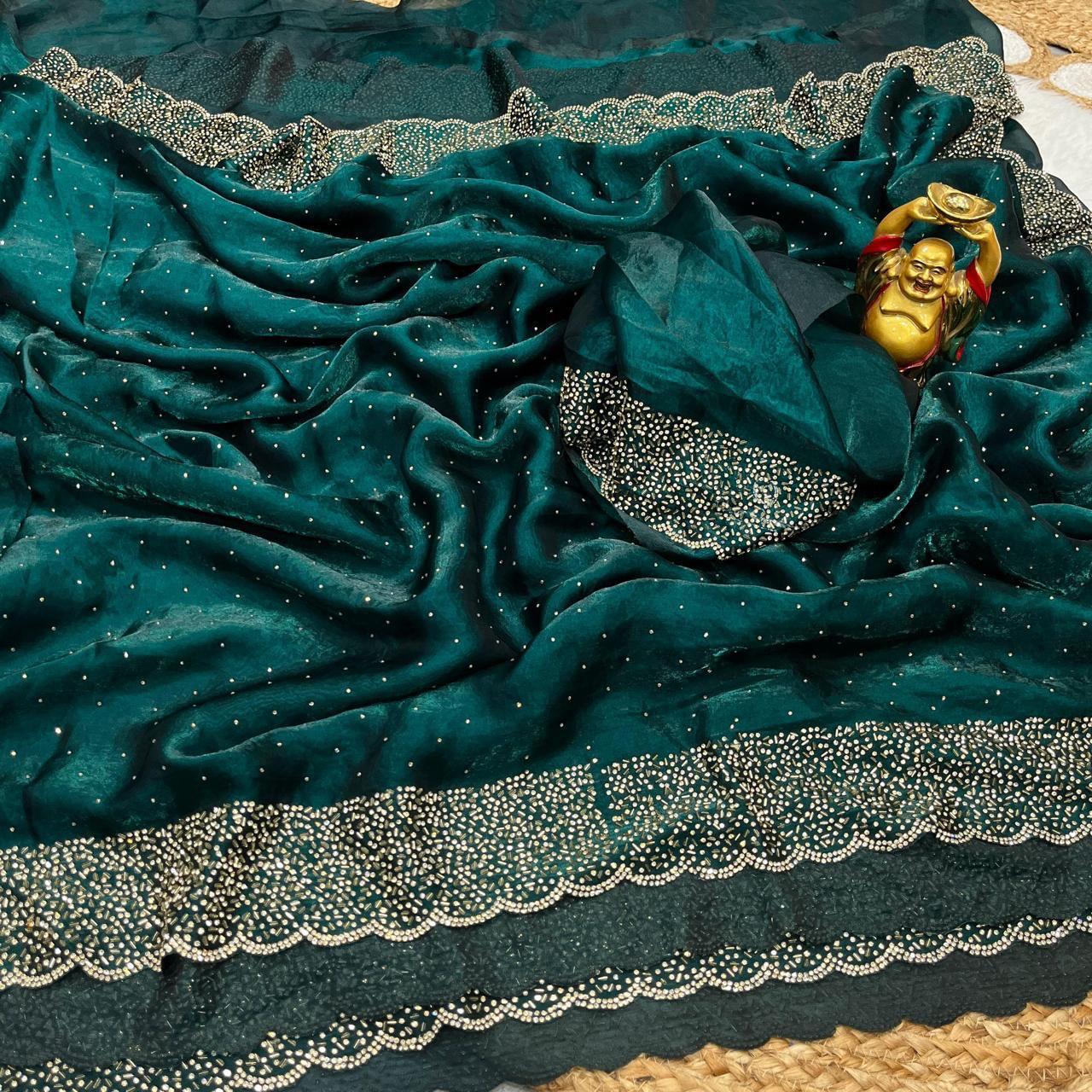 Premium Fandy Satin saree pure hand diamond work