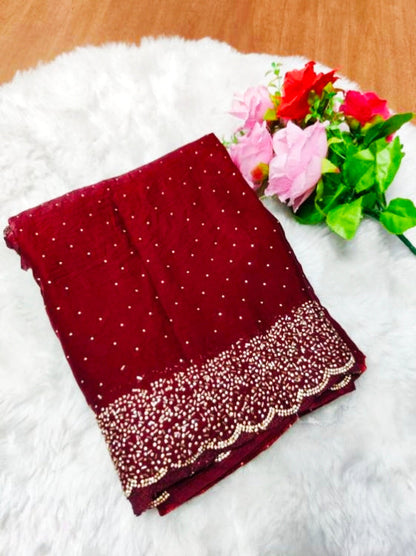 Premium Fandy Satin saree pure hand diamond work