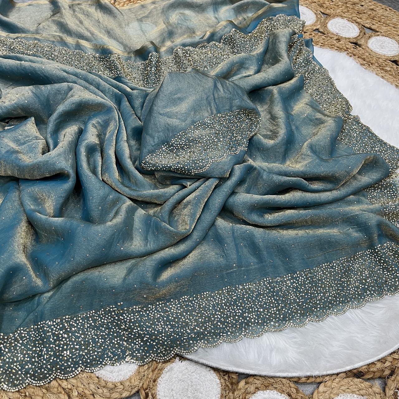 Premium Fandy Satin saree pure hand diamond work