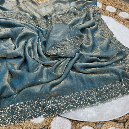 Premium Fandy Satin saree pure hand diamond work