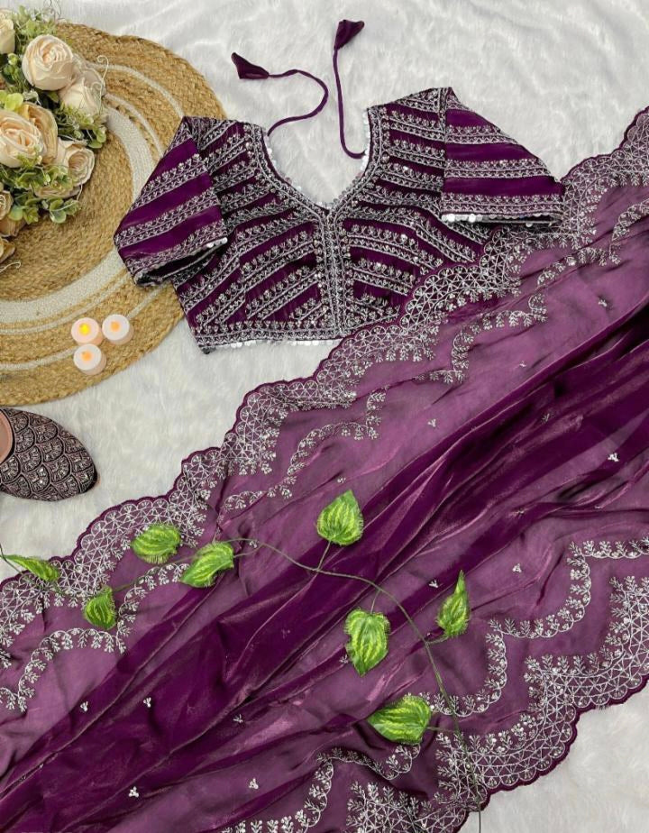 Party Wear Jimmy Choo Satin Sequence Zari Saree