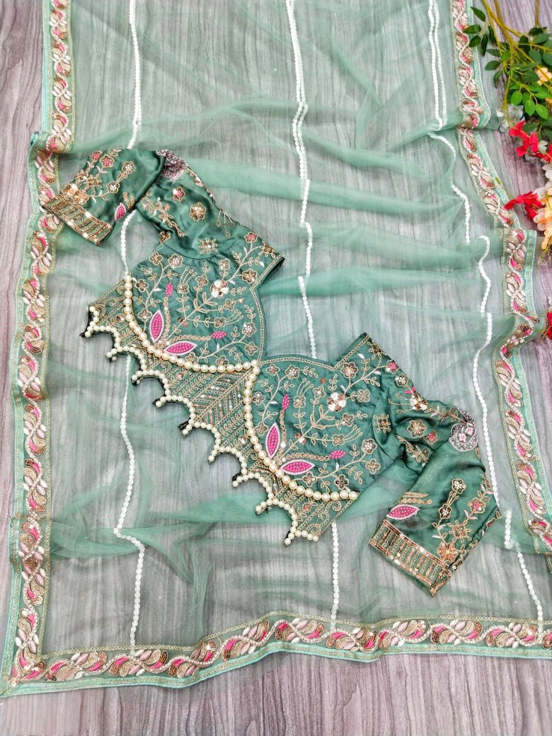 Moti saree  HAND EMBROIDERY WORK WITH PEARL MOTI ON LACE BORDER all over saree.