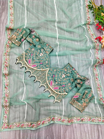 Moti saree  HAND EMBROIDERY WORK WITH PEARL MOTI ON LACE BORDER all over saree.