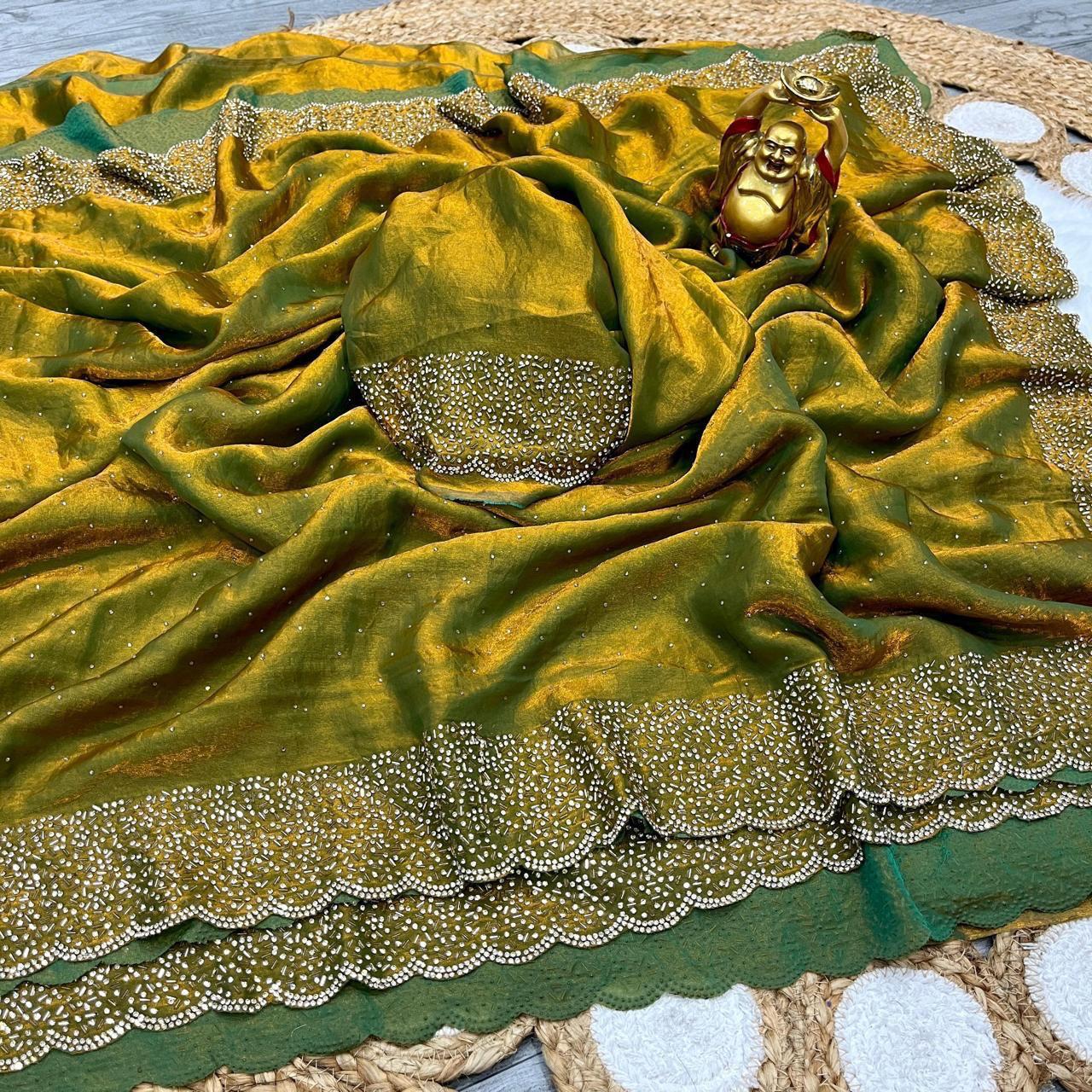 Premium Fandy Satin saree pure hand diamond work