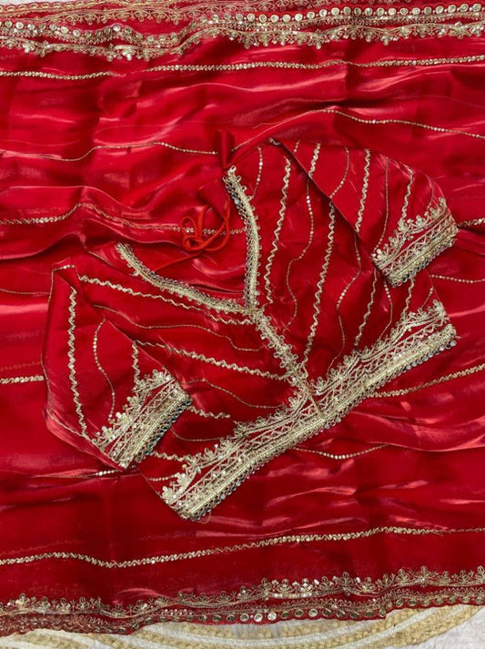 Pure zimmy choo fancy saree full stitch blouse