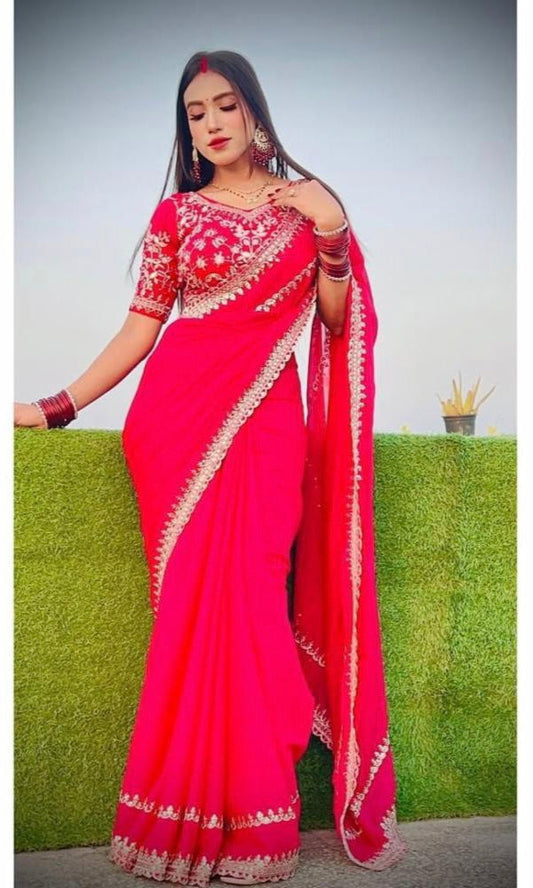 Fancy work saree with stitch blouse