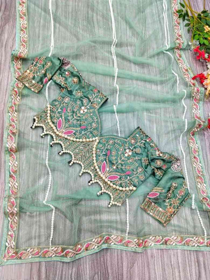 Moti saree  HAND EMBROIDERY WORK WITH PEARL MOTI ON LACE BORDER all over saree.