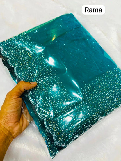 Premium Fandy Satin saree pure hand diamond work