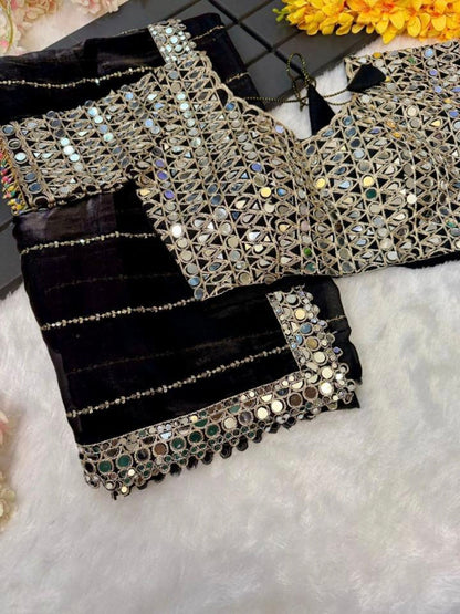 New mirror work saree organza jimmy choo with (blouse stitch)