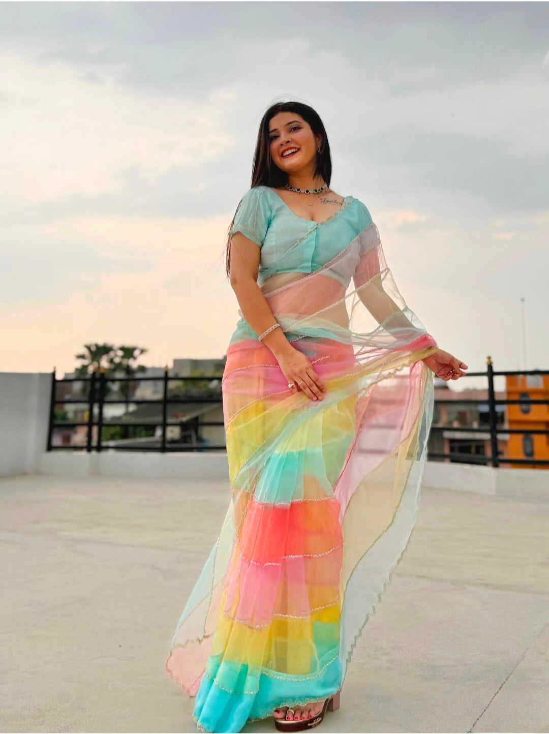 Multi colour pure hand work diamond stone work saree