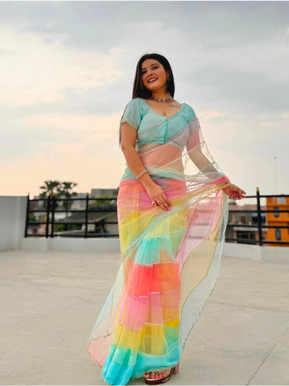 Multi colour pure hand work diamond stone work saree