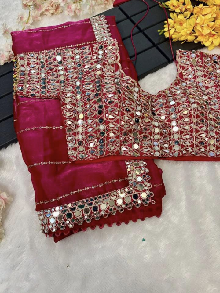 New mirror work saree organza jimmy choo with (blouse stitch)