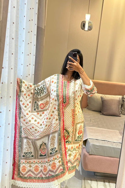 Muslin Banana Silk Suit Set with Handcrafted Embroidery and Digital Prints